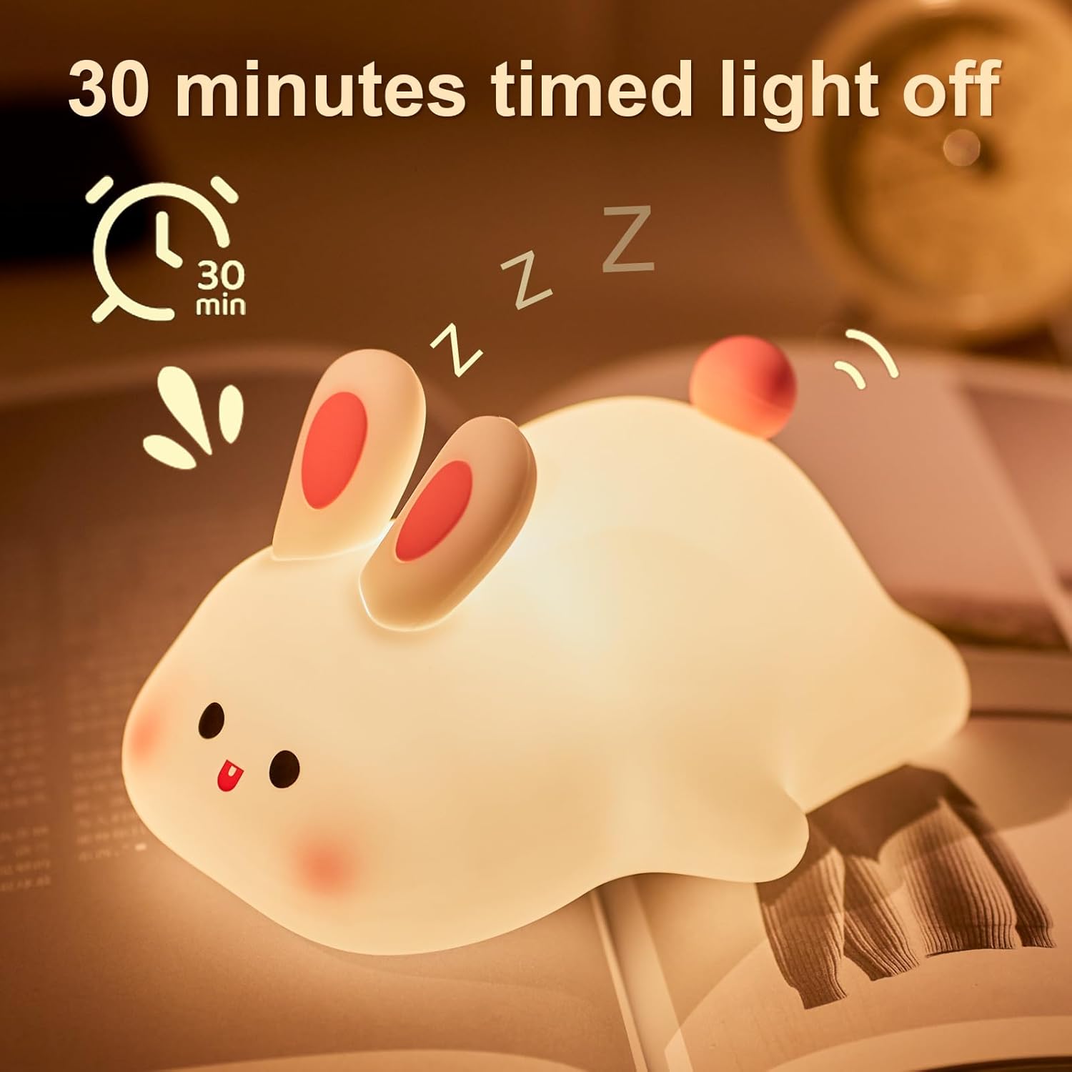 USB rechargeable big face rabbit night light smart bunny silicone pat light sleep light atmosphere light with three adjustable levels room decoration light birthday holiday gift