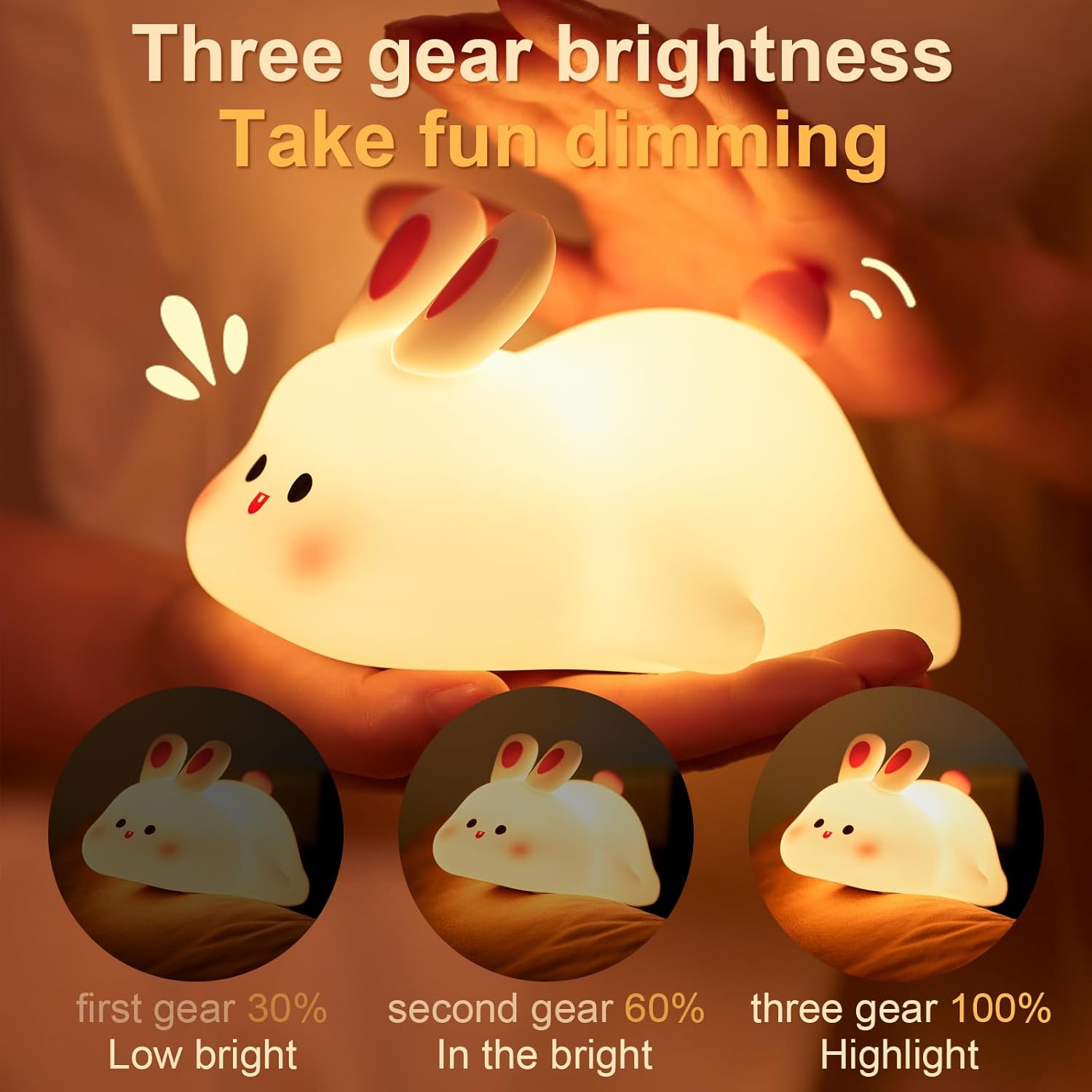 USB rechargeable big face rabbit night light smart bunny silicone pat light sleep light atmosphere light with three adjustable levels room decoration light birthday holiday gift